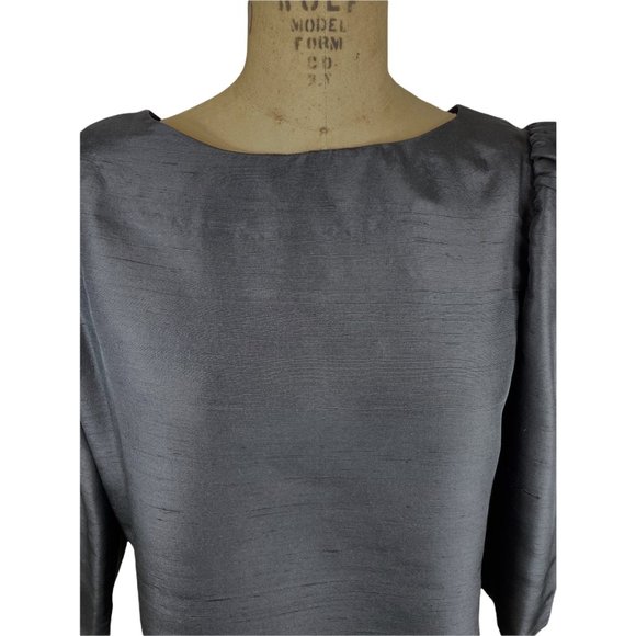 1980s black silk blouse with puffed sleeves and back buttons Size L - Picture 6 of 6